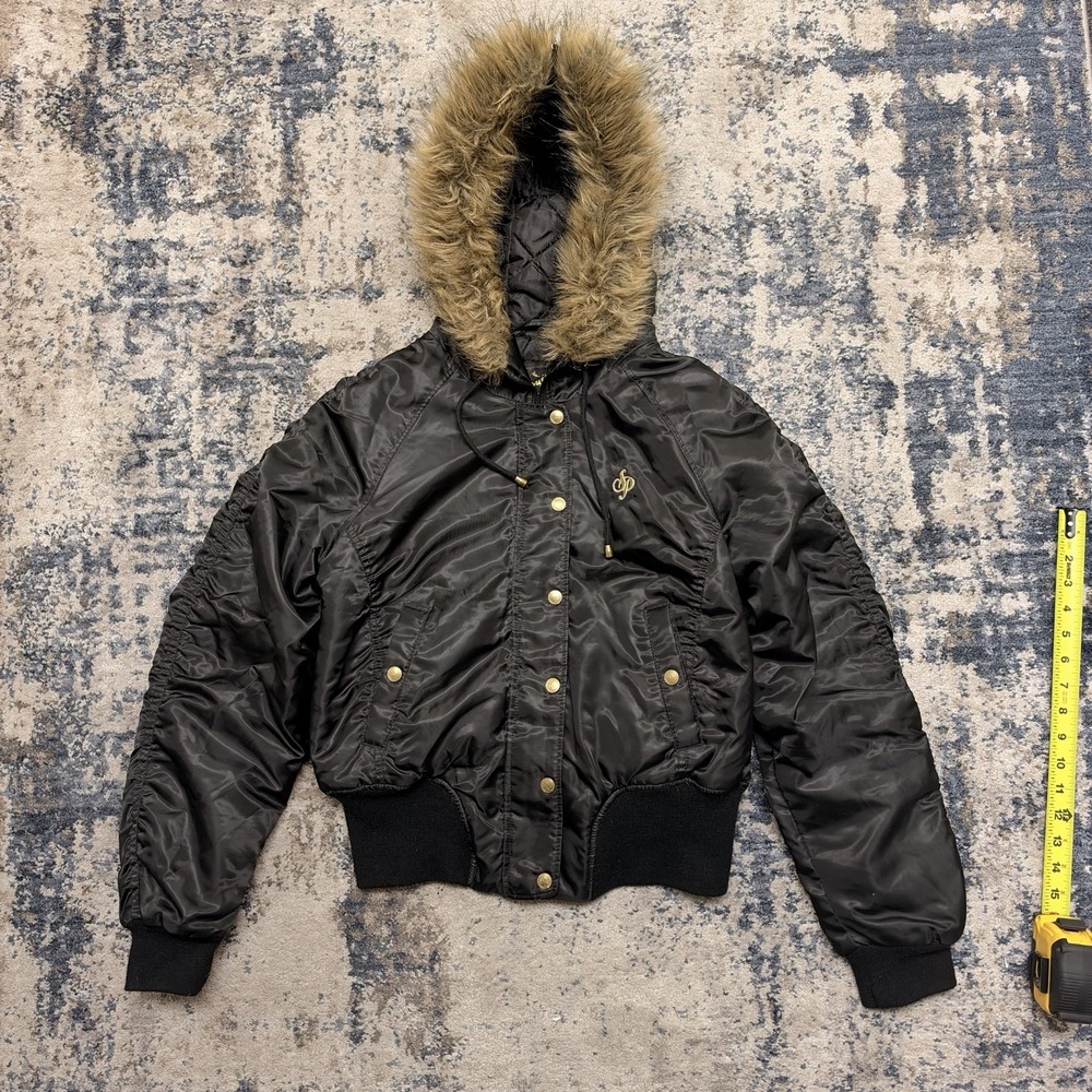VTG Y2K SOUTHPOLE Black Cropped Bomber Jacket, Faux Fur Trimmed Hood EUC Large